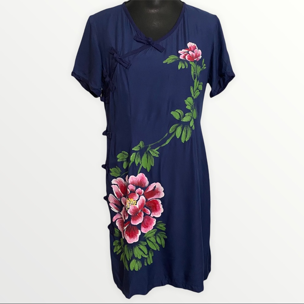Dress Navy Blue Women's Large Hand Painted Pink Flowers Side Knotted Buttons